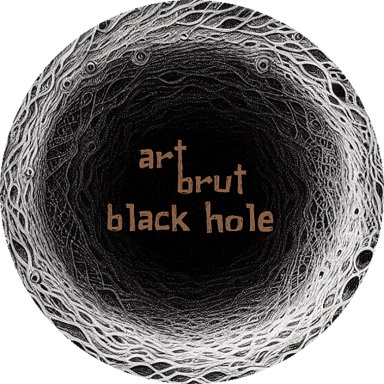 Diseño circular en negro con texto "art brut black hole" en color marrón claro.