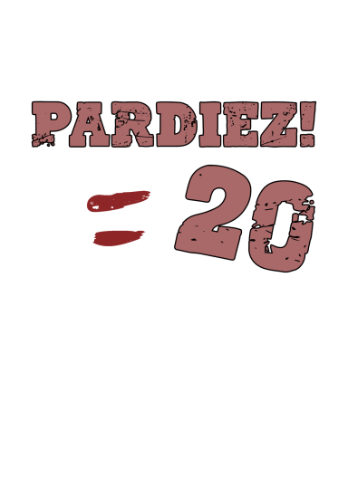 Texto "PARDIEZ! = 20" en colores rojo y gris sobre fondo blanco.