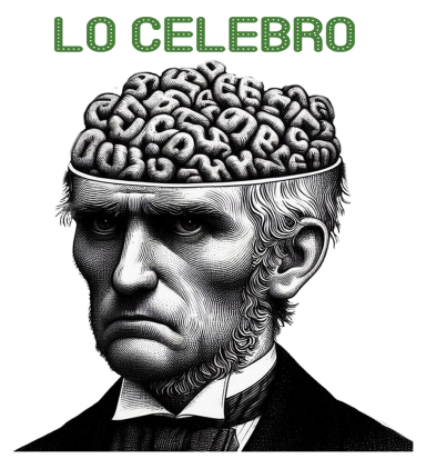 Retrato de un hombre con un cerebro expuesto y el texto "LO CELEBRO" arriba.