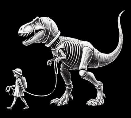 Un niño pasea con un T. rex esquelético en un fondo negro.