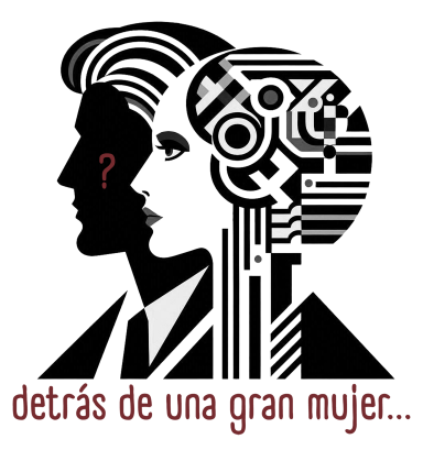 Siluetas de hombre y mujer, con elementos tecnológicos, y el texto: "detrás de una gran mujer..."