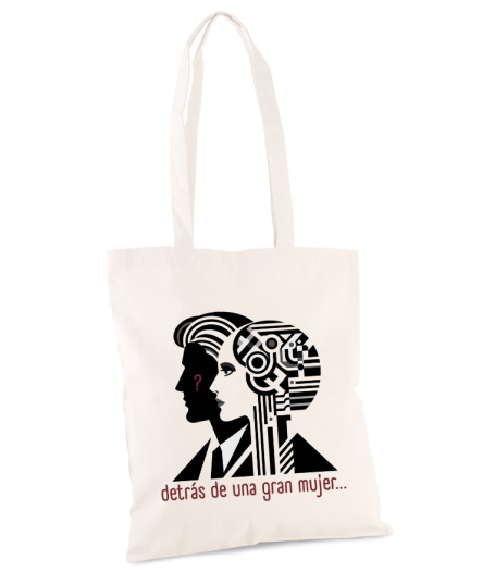 Bolso de tela blanco con ilustraciones de un hombre y una mujer y el texto "detrás de una gran mujer..."