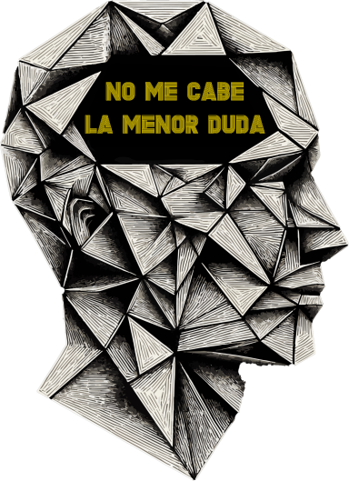 Perfil de una cabeza en forma de prismas con el texto "NO ME CABE LA MENOR DUDA".